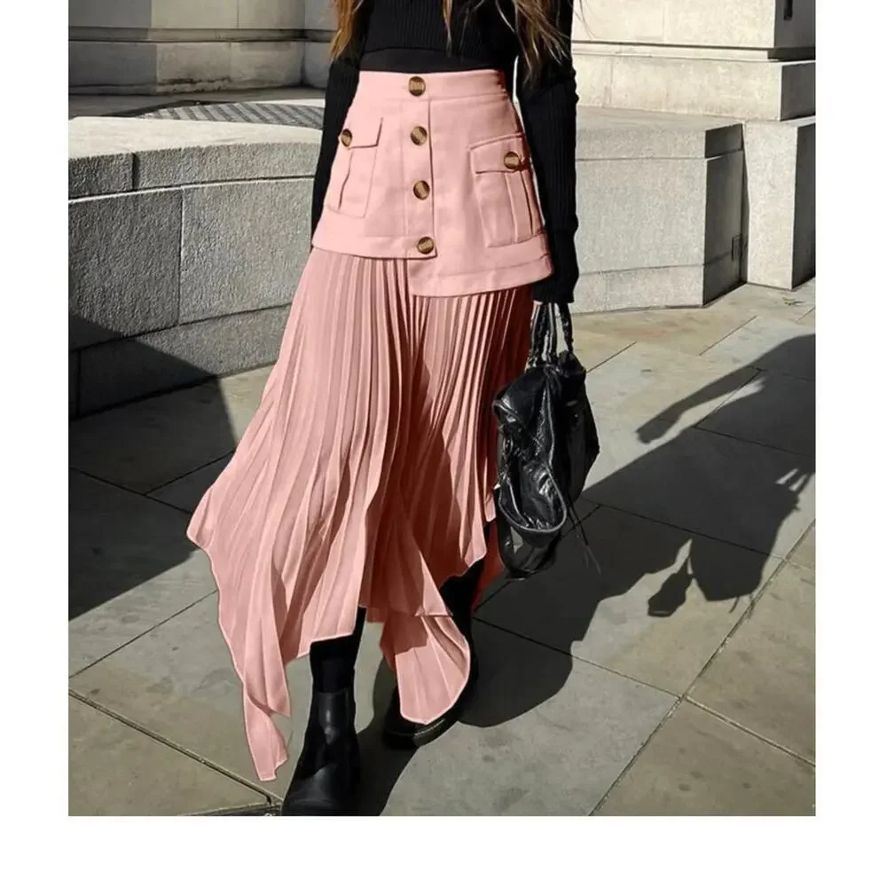 Patchwork Pink Asymmetrical Midi Skirt with Pleated Bottom, women's size L NWT - Picture 1 of 9